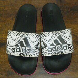 Adidas Black & White Abstract Print Cushioned Footbed Slip On Sport Slides
